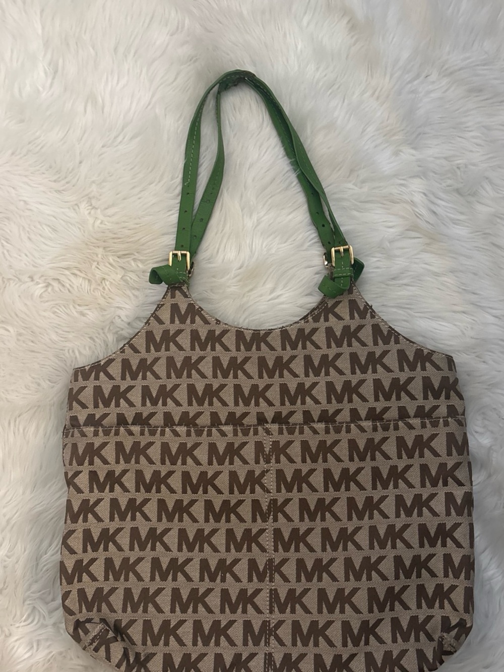 Michael Kors MK Signature Tote in Brown with Green Straps